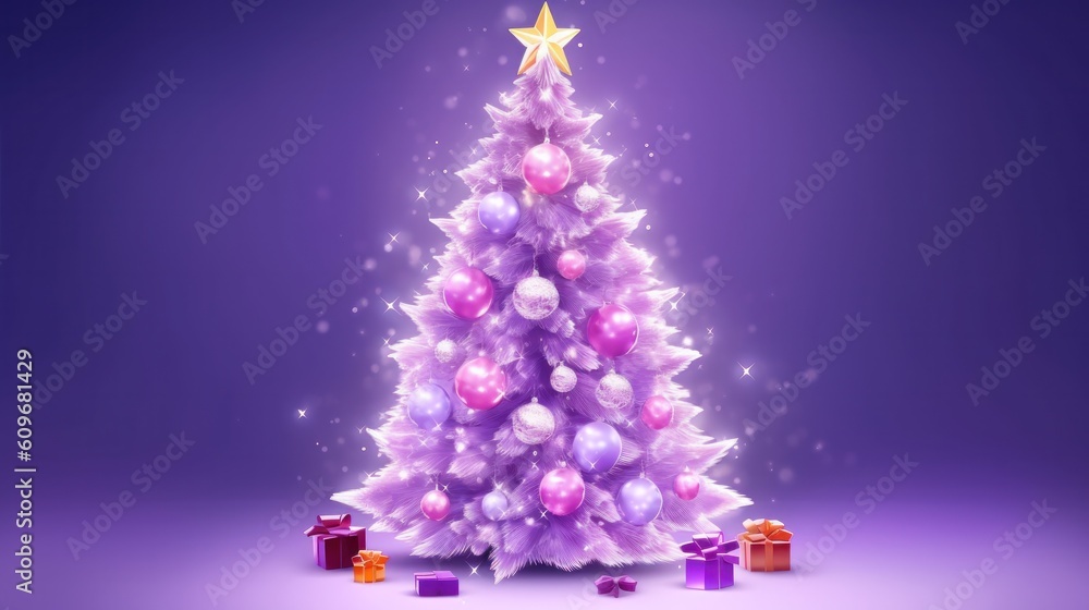 Violet glossy Christmas tree. Illustration AI Generative.