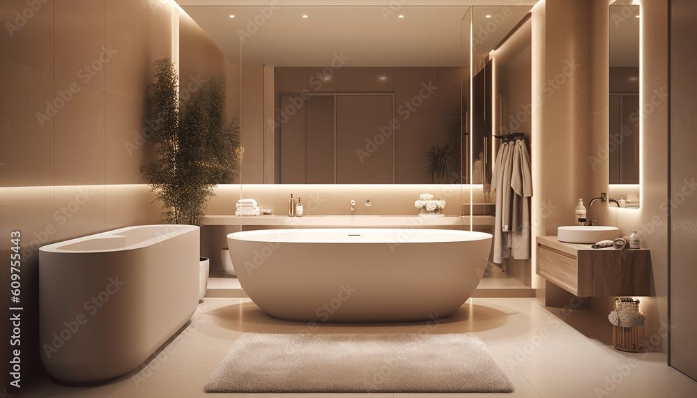 Luxury bathroom design with elegant faucet and illuminated bathtub generated by AI