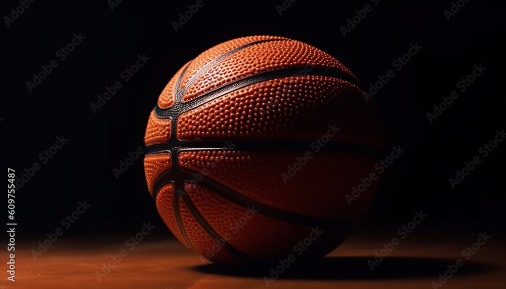 Orange basketball ball dribbling through black basketball hoop in studio generated by AI