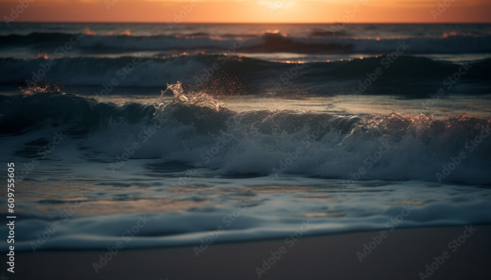 Sunset over the tranquil seascape, waves breaking in motion generated by AI