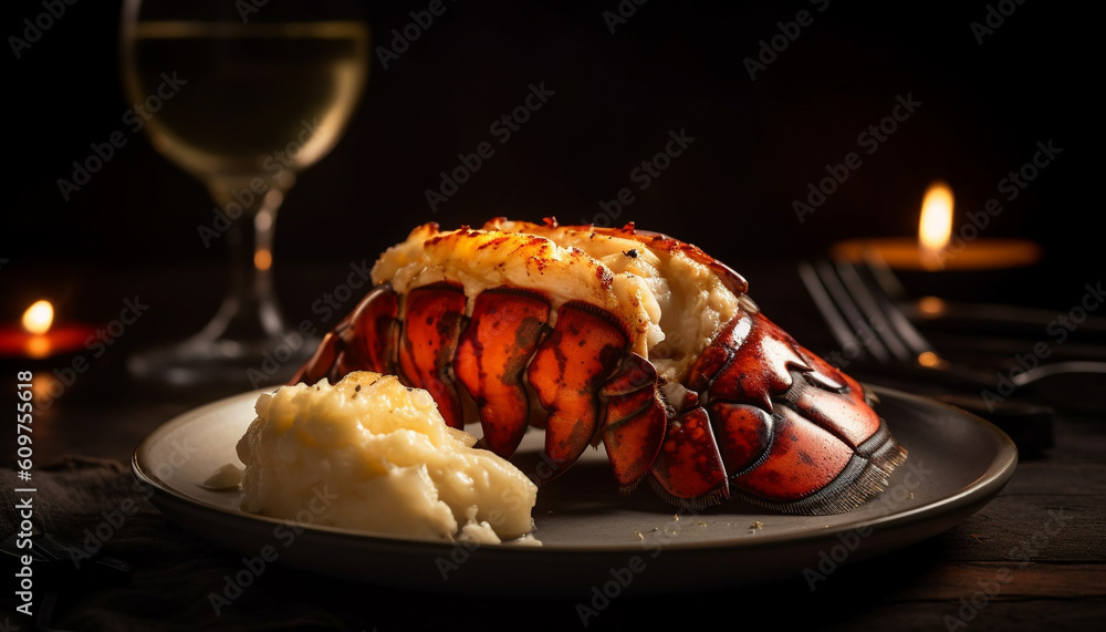 Grilled seafood and steak on plate, a gourmet meal generated by AI