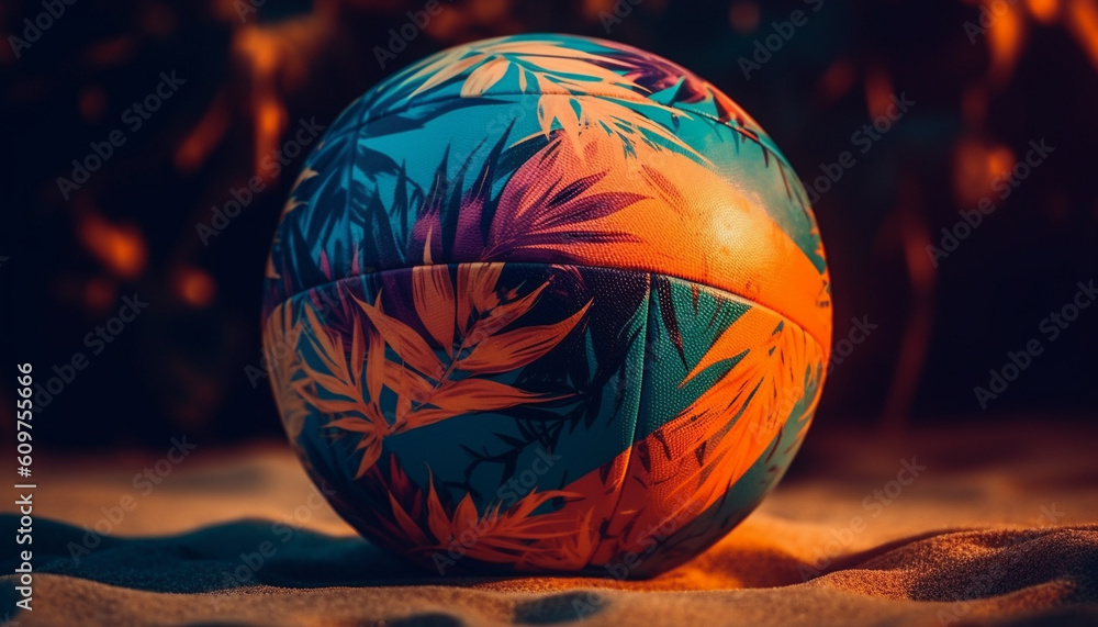 Abstract sphere ornament glows with multi colored illumination on dark background generated by AI