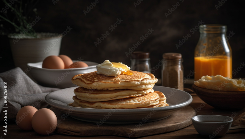 Stack of homemade pancakes on wooden table with syrup drizzle generated by AI