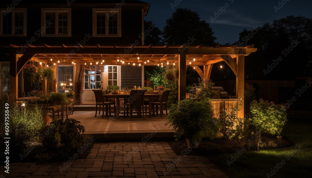 Luxury modern table illuminated by lanterns in a formal garden generated by AI