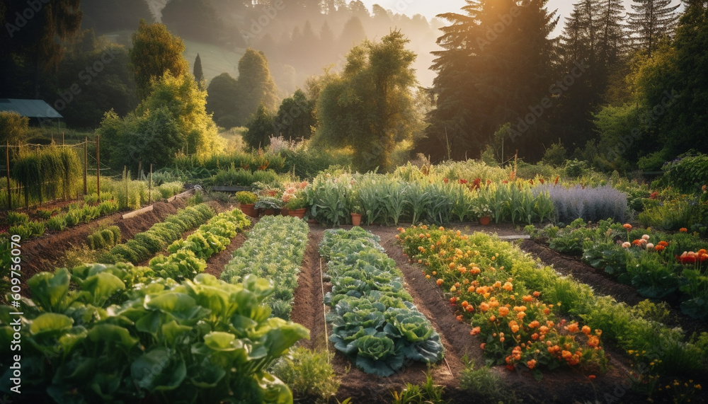 Vibrant green leaves and purple flowers in a vegetable garden generated by AI