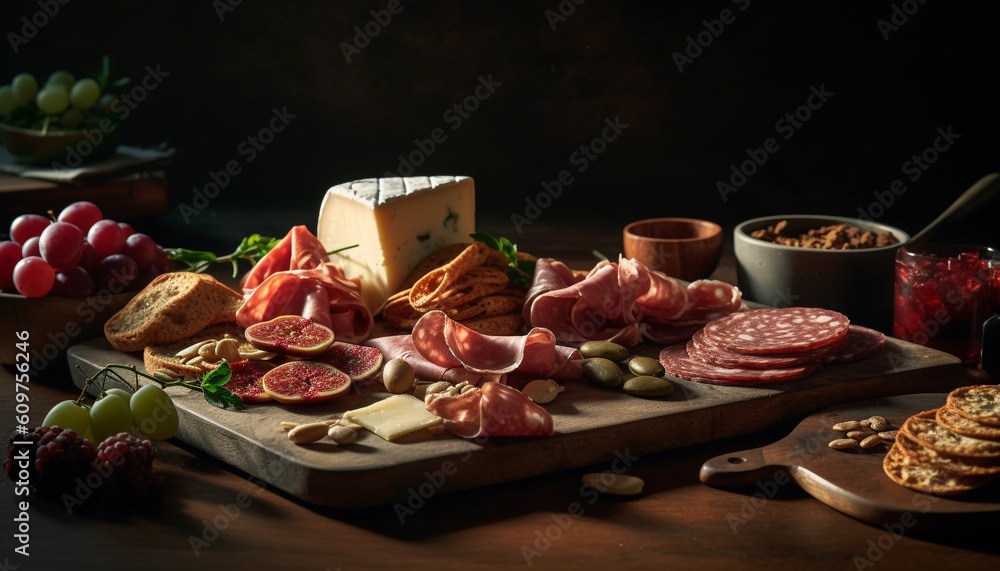 Gourmet meat and cheese tray with fresh fruit and bread generated by AI