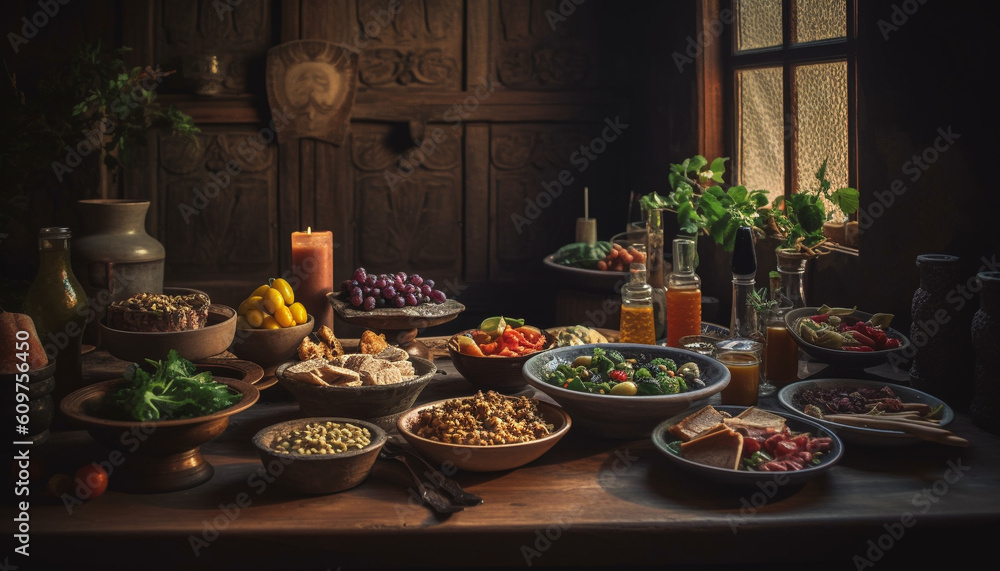 Fresh vegetable salad with multi colored ingredients on rustic wooden table generated by AI