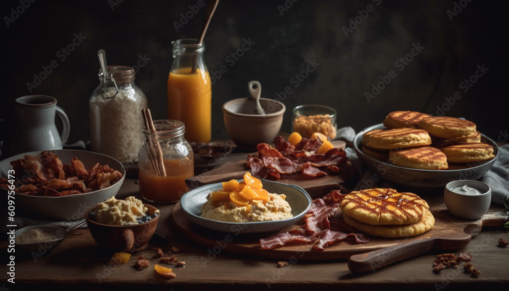 Rustic meal on wooden table fresh meat, bread, and snack generated by AI