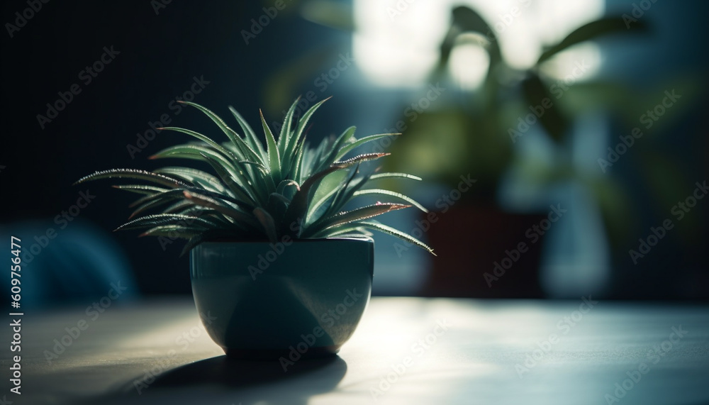 Green potted plant on wooden table in modern home interior generated by AI