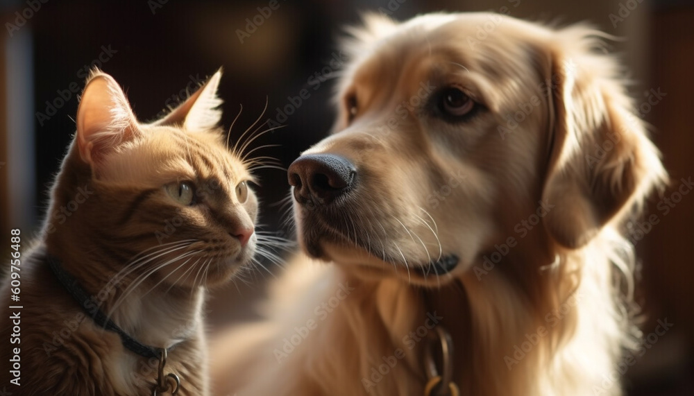 Cute puppy and playful kitten, best friends forever, smiling outdoors generated by AI