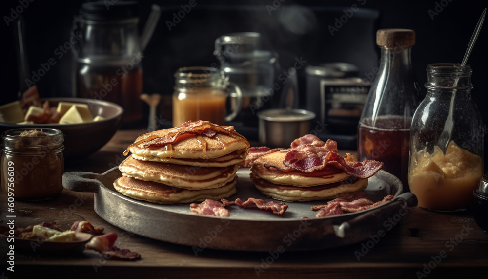 Stack of homemade pancakes on rustic wooden table, close up shot generated by AI