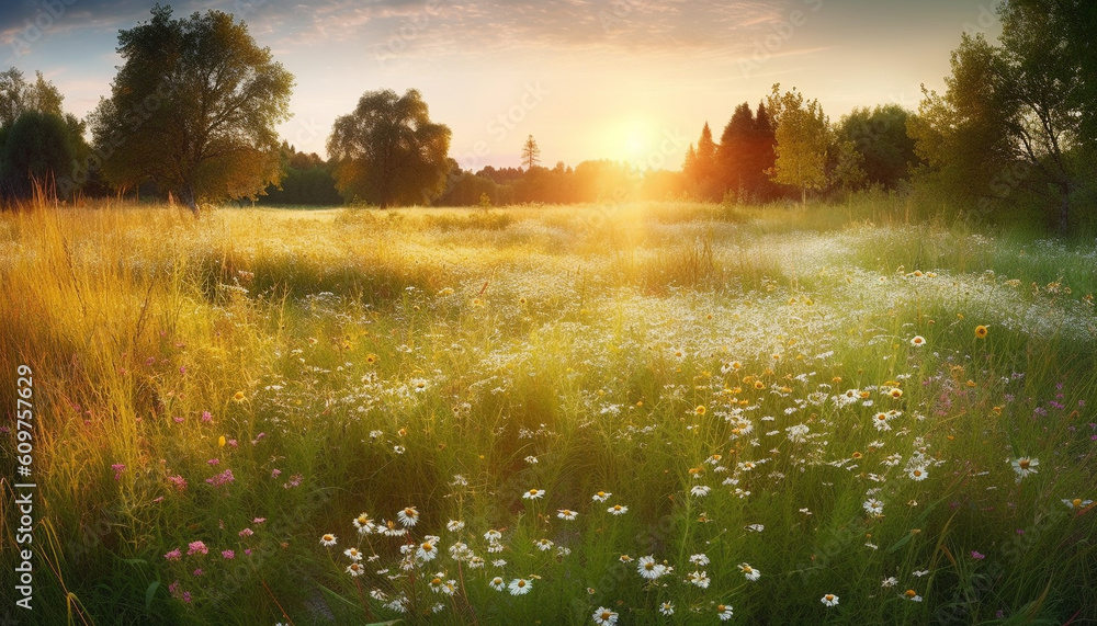 Sunset over meadow, wildflowers bloom in tranquil rural landscape generated by AI