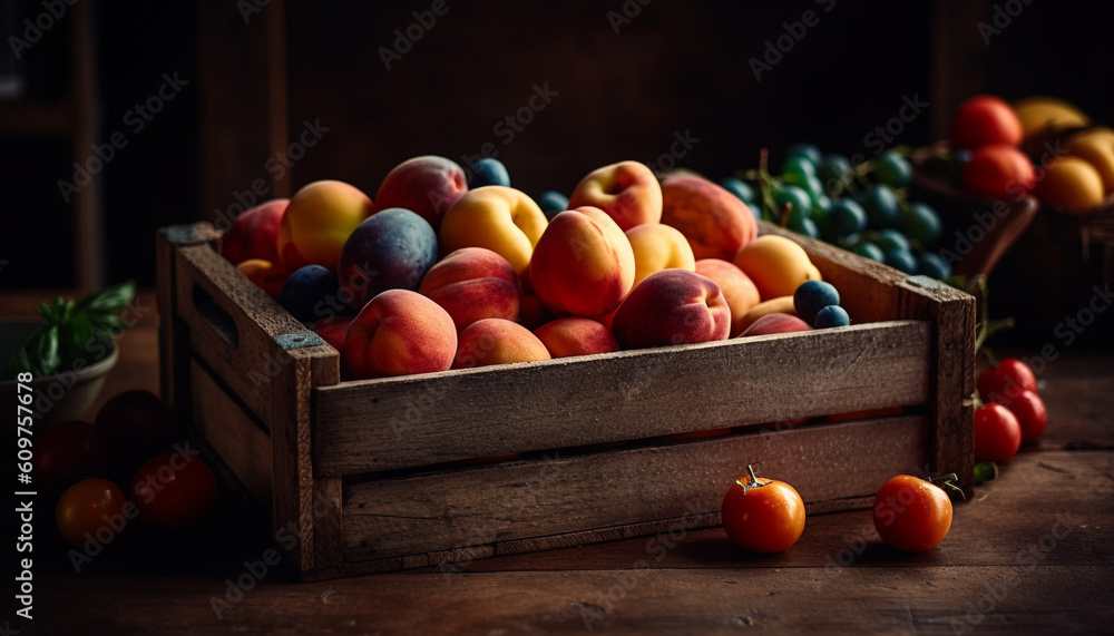 Rustic crate of homegrown organic vegetables, ripe and juicy generated by AI