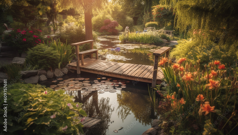 Tranquil scene of a sunset over a pond in nature generated by AI