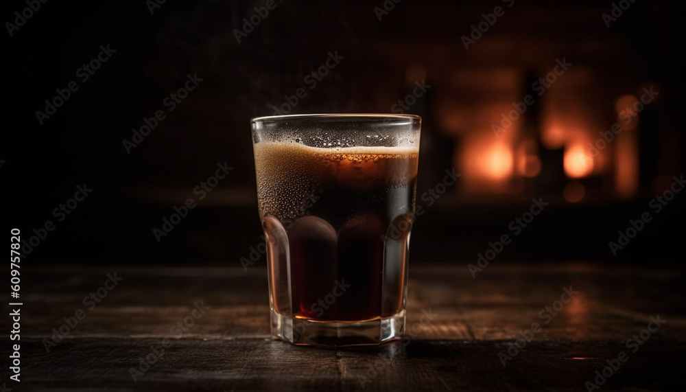 Liquid drop on wood table, freshness of alcohol close up generated by AI