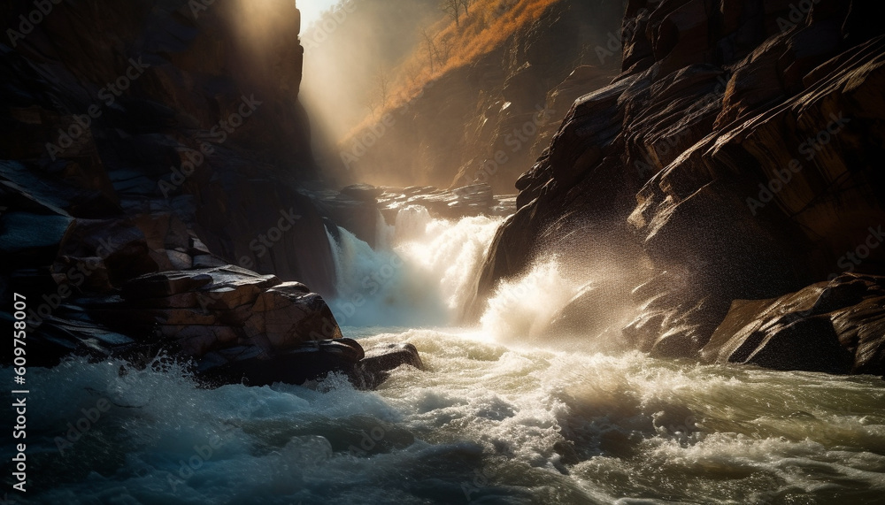 Majestic mountain range, flowing water, spray, sunlight, beauty in nature generated by AI