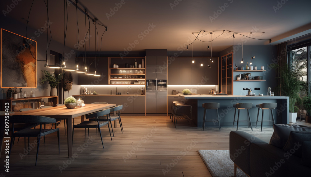 Modern domestic kitchen design with elegant wood table and comfortable chairs generated by AI