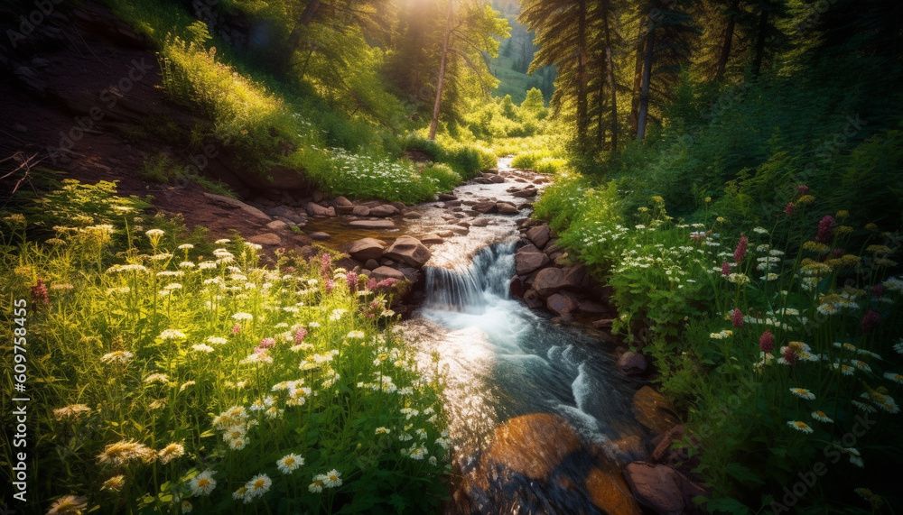 Tranquil scene of natural beauty, flowing water in autumn mountains generated by AI