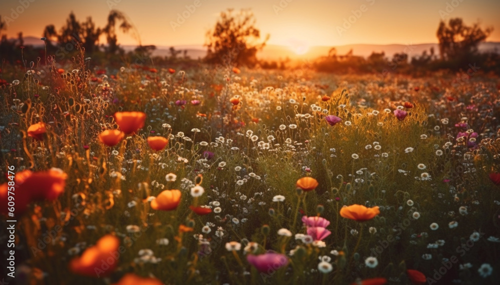 Vibrant wildflowers bloom in tranquil meadow at sunset dusk generated by AI