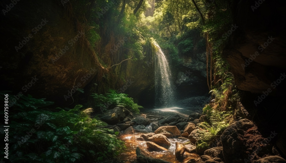 Tranquil scene of majestic tropical rainforest with flowing water motion generated by AI