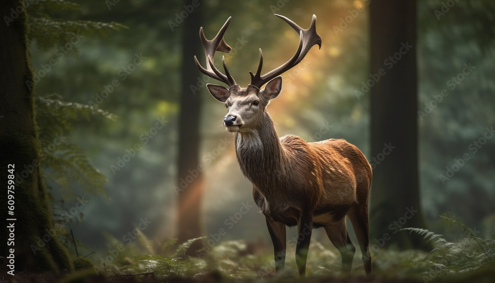 Horned stag grazes in tranquil meadow, surrounded by nature beauty generated by AI