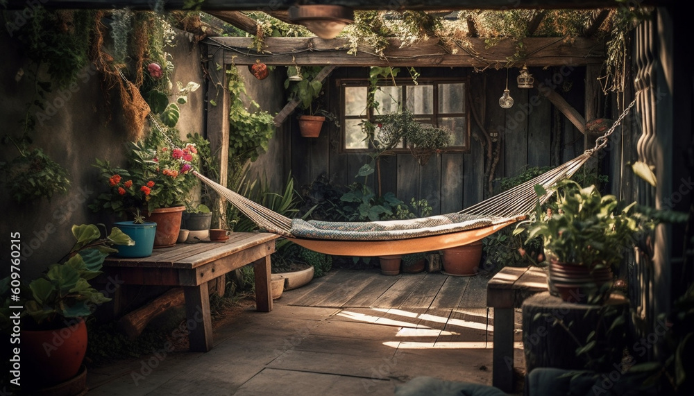 Rustic cottage with comfortable hammock hanging in tranquil domestic room generated by AI