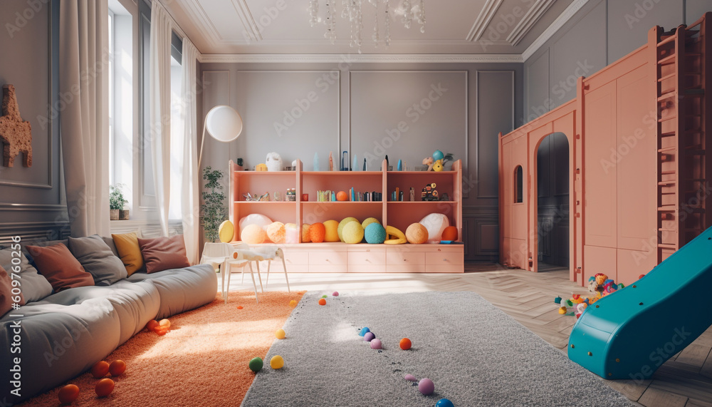 Modern, comfortable apartment with vibrant colors and playful toy decoration generated by AI