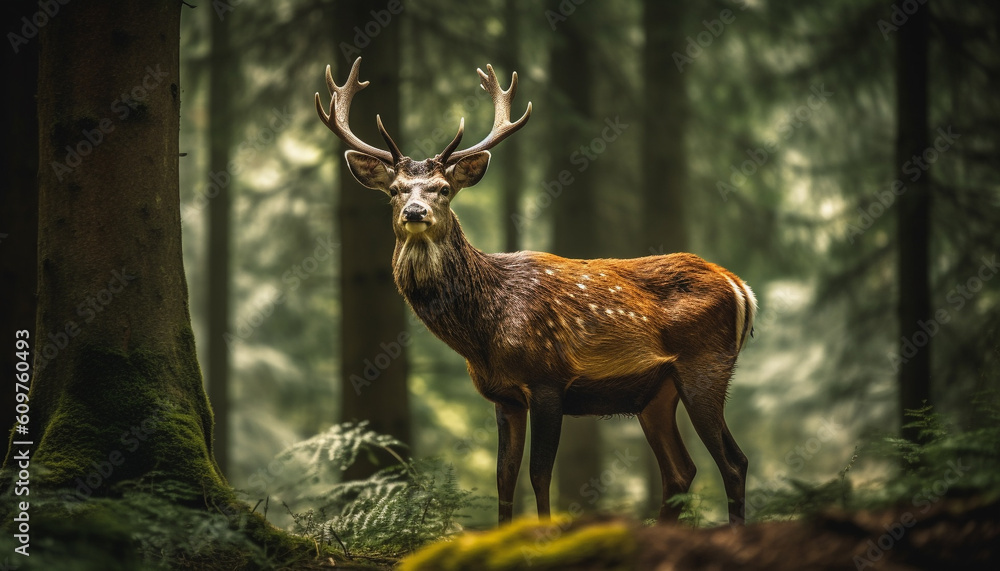 Horned stag stands in tranquil autumn forest, looking at camera generated by AI