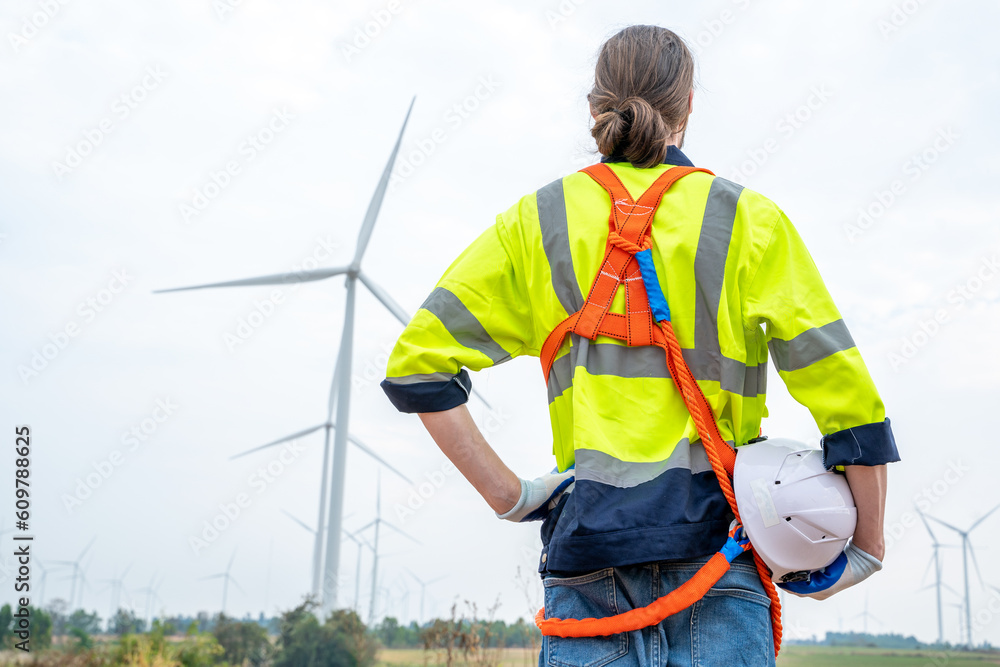 Power engineer are working with wind turbines,Green ecological power energy generation wind sustaina