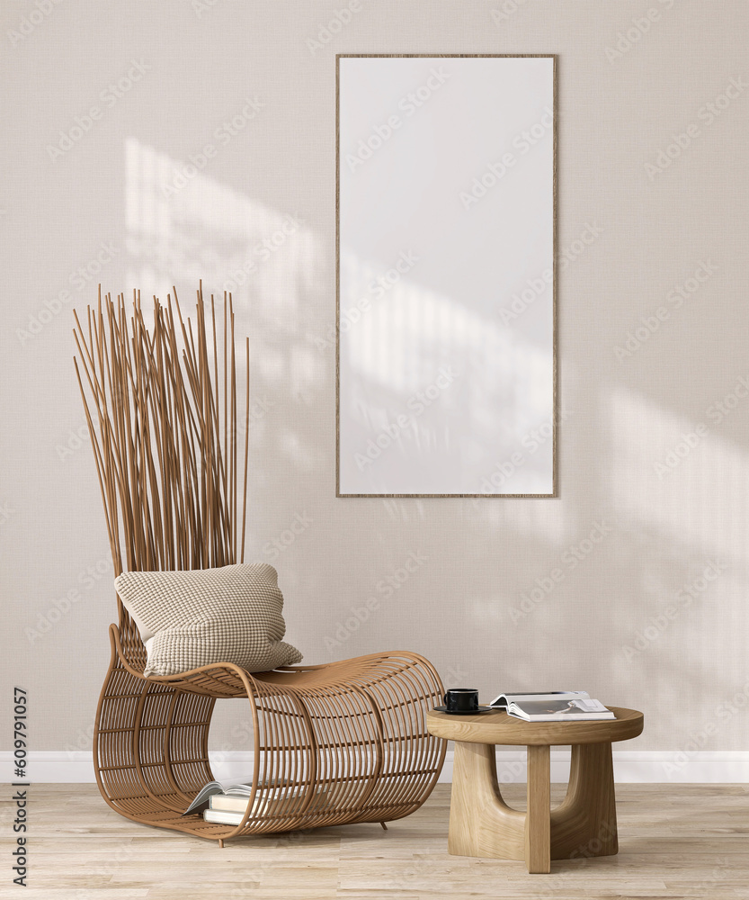 Blank long vertical photo poster frame on beige wall in Japanese living room, wooden yoda rattan cha