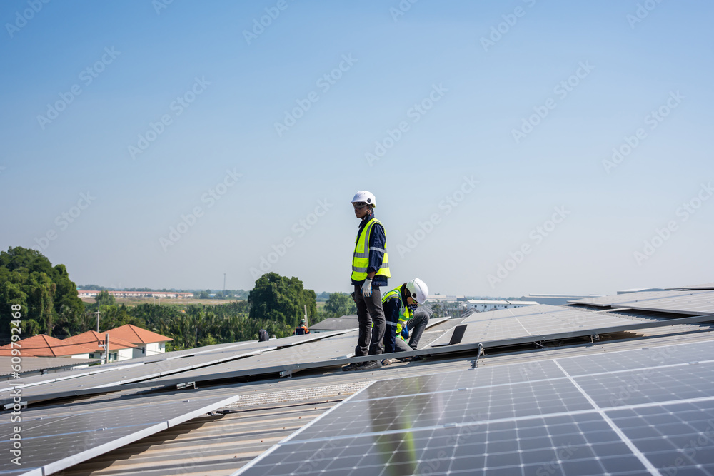 Professional engineer work to maintenance of photovoltaic panel system. 