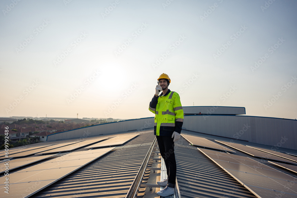 Professional engineer work to maintenance of photovoltaic panel system.