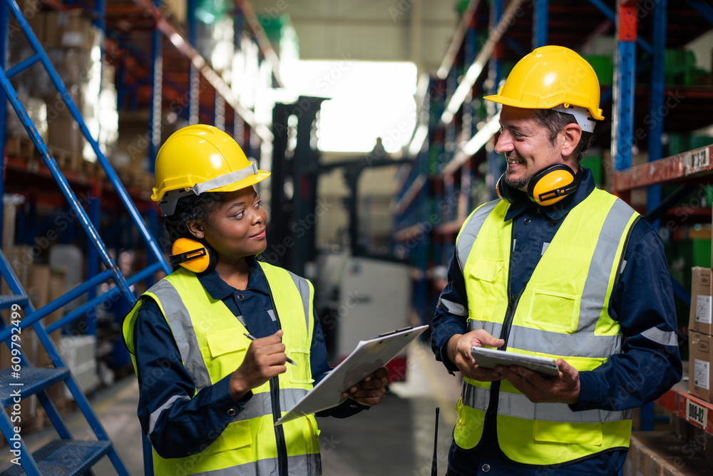 Diverse industrial worker team working in manufacturing plant together. 