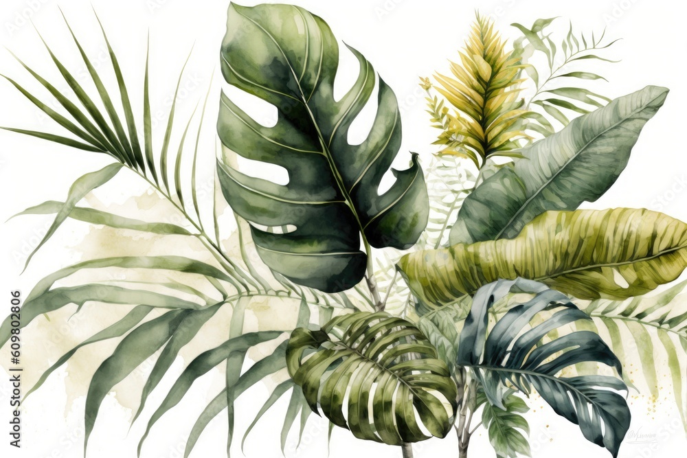 lush green tropical foliage painted in watercolors Generative AI