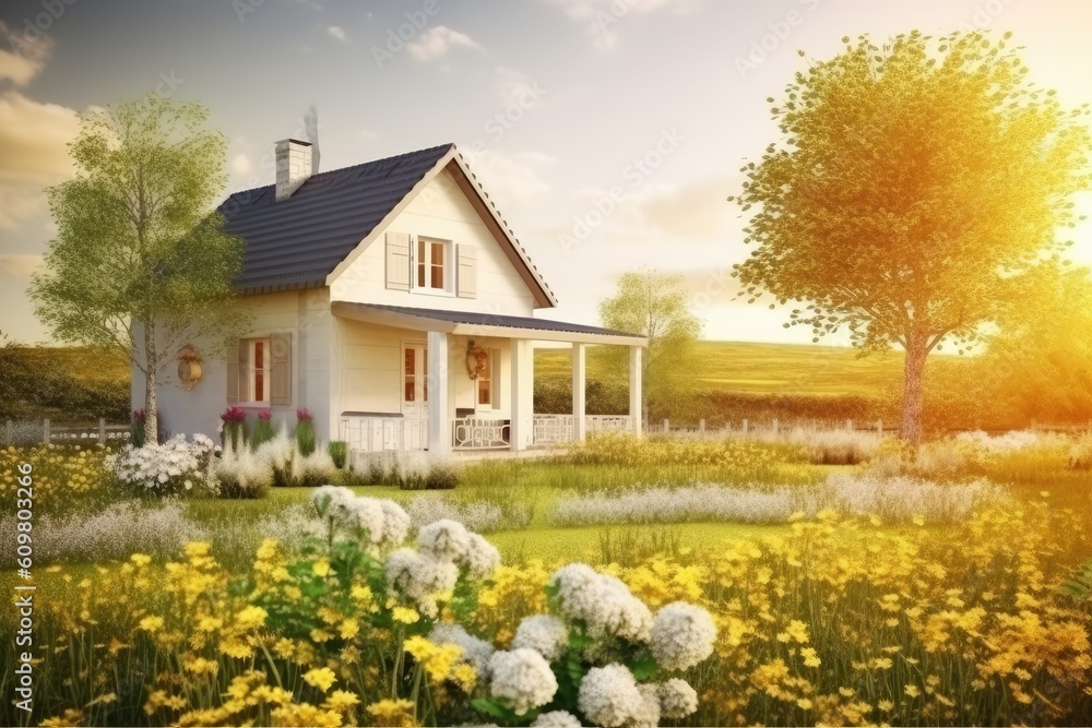 quaint country home surrounded by a vibrant field of blooming flowers Generative AI