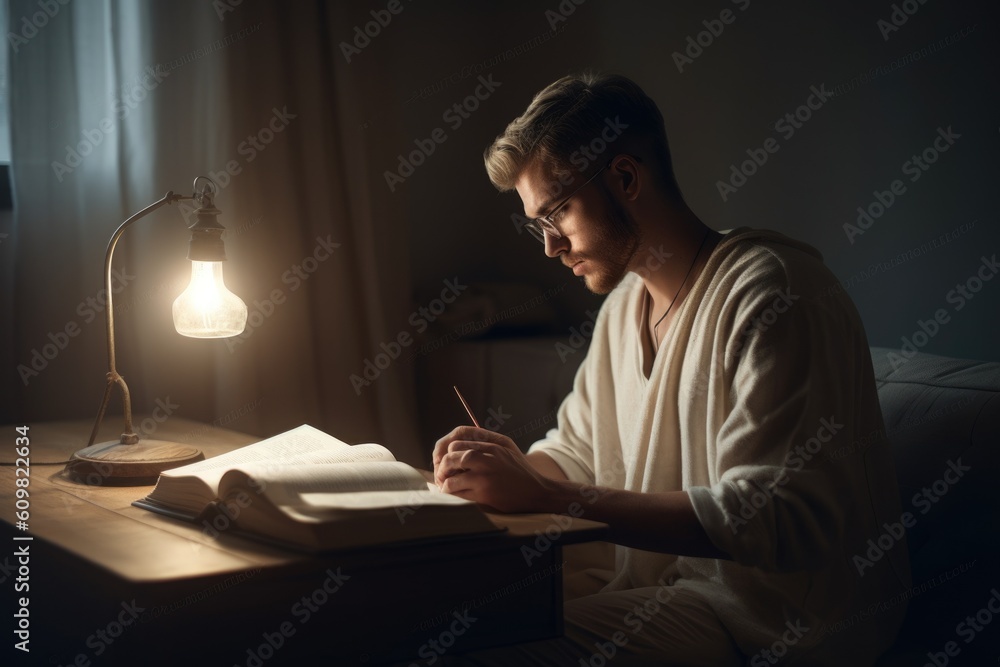 Male Hispanic young adult reading books in study room casual relaxing. Generative AI AIG23.