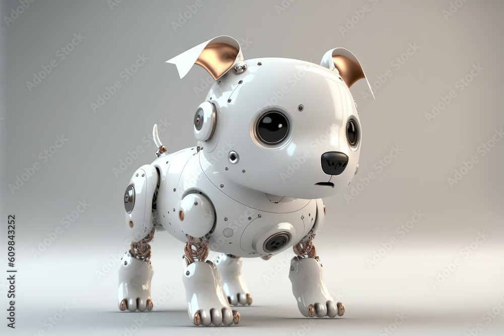 Cute robotic puppy on empty background. White happy little dog robot. Futuristic pet assistant power