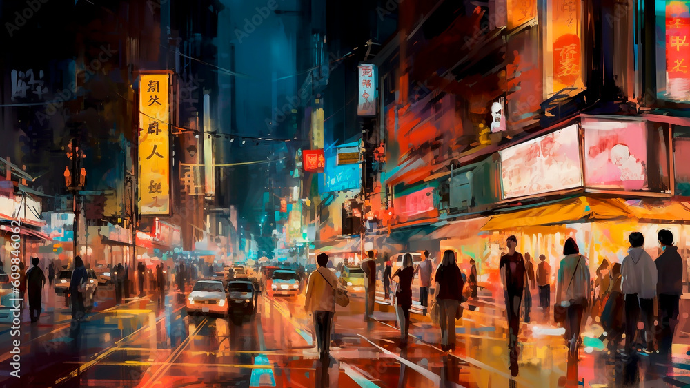 A bustling city street at night illuminated with people walking and cars driving. Painting illustrat