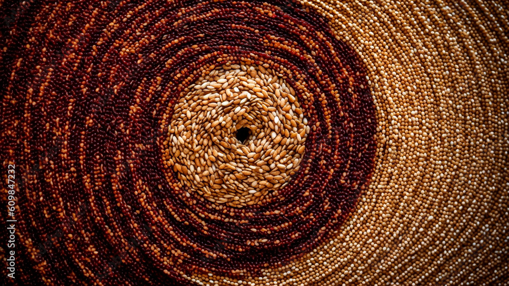 Top view of uncooked quinoa grains background, arranged in a spiral pattern. Generative AI.