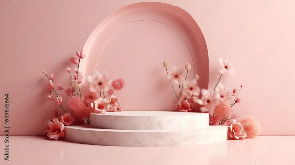 Podium with pink roses on pastel pink background to display products, gift or cosmetics. Generative 