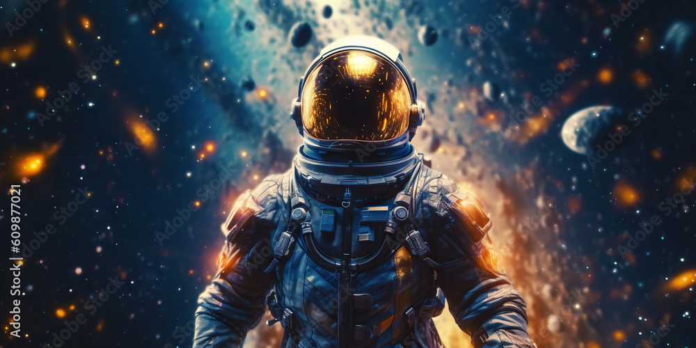 Portrait of astronaut floating in space with a asteroids, space rocks, burning sparks on backdrop. G