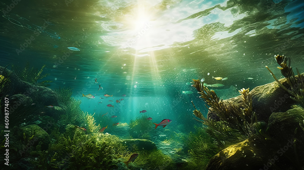 Underwater sunlight through the water surface seen from a rocky seabed with algae. Generative AI