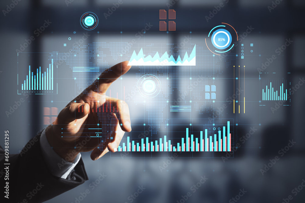 Online trading and financial report concept with a businessman finger pressing a button on a virtual