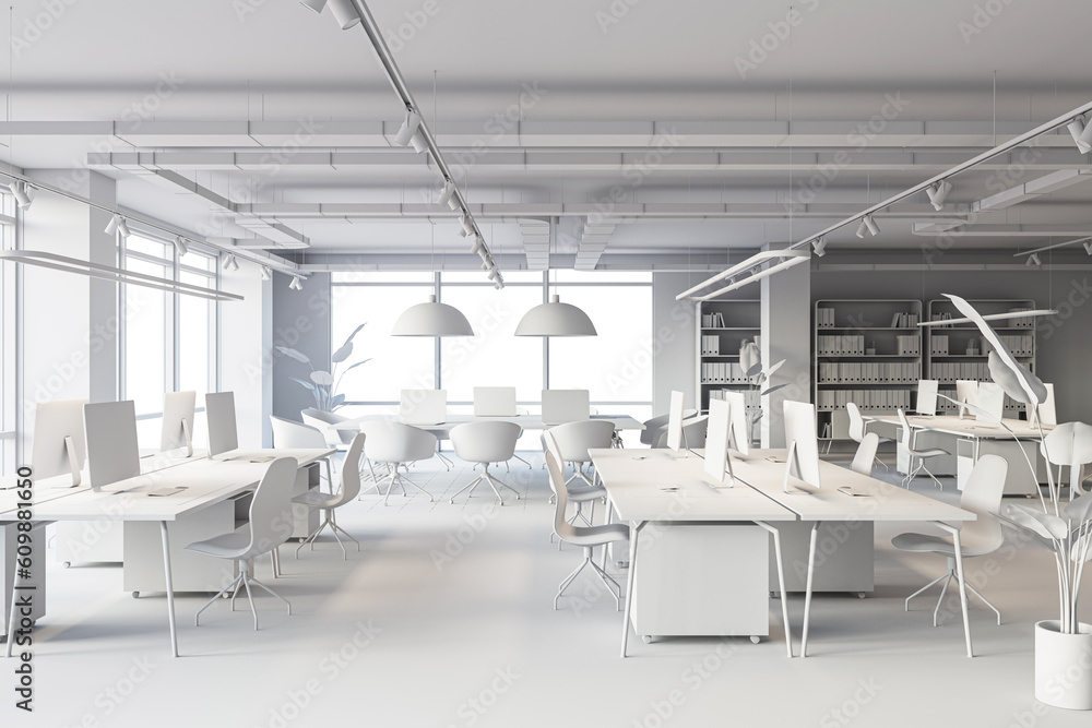 Loft office interior design concept with white material. 3D Rendering