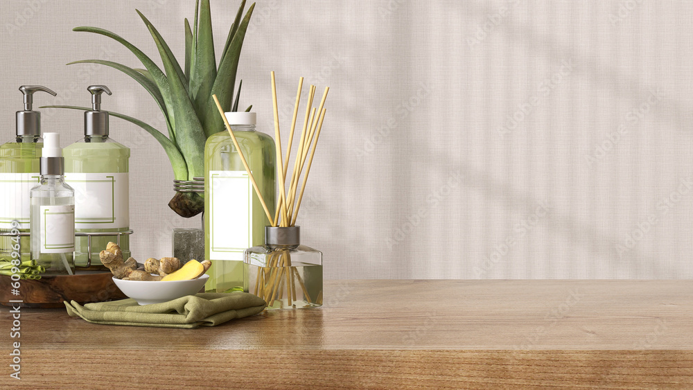 Blank brown wooden counter table, green soap bottle, reed diffuser in sunlight, leaf shadow on beige