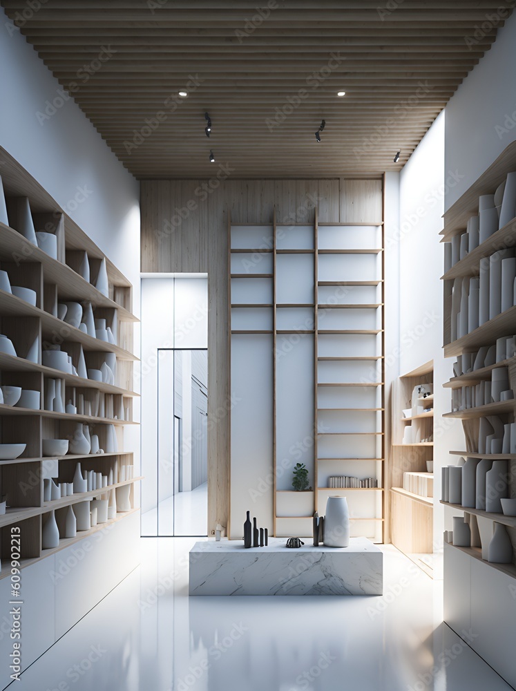 A room with shelves and a sink in it