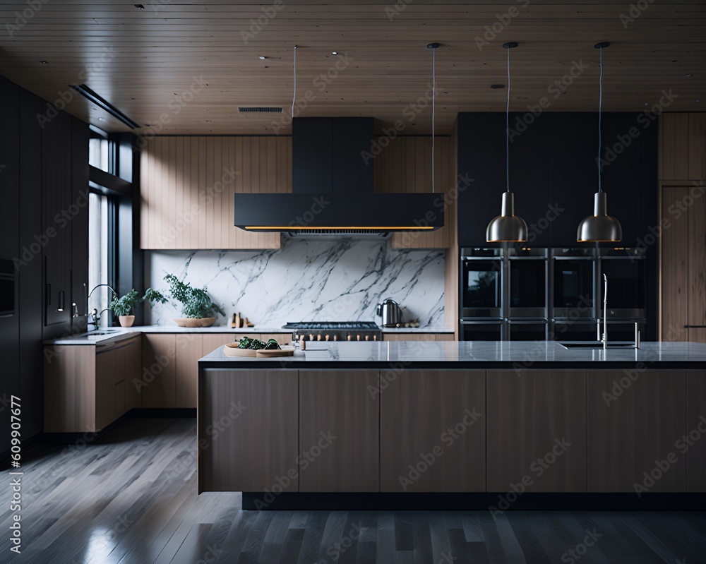 A large kitchen with a marble counter top