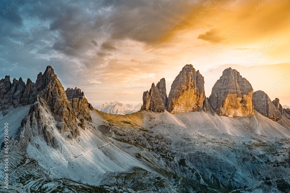 Epic view from Sextner Stein on Monte Paterno and Tre Cime mountain range in the evening. Tre Cime, 