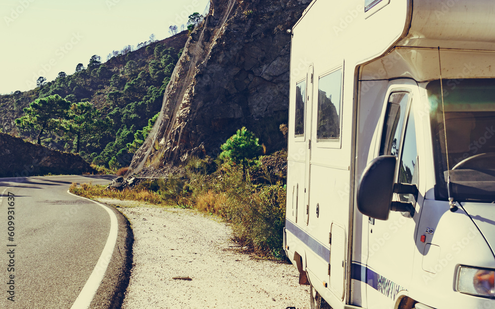 Caravan on roadside in mountains, Andalucia.