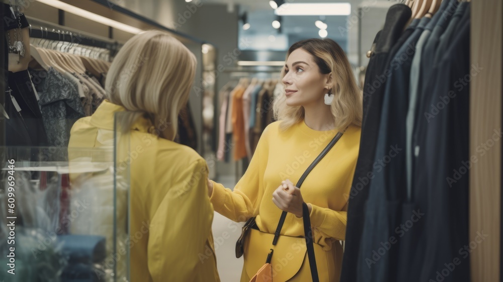 Salesperson Female Caucasian Mature Interacting with customer in store in Retail store. Generative A